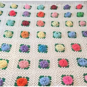 Vintage Colorful Crochet Raised 3D‎ Flower Afghan Blanket Handmade Granny Square